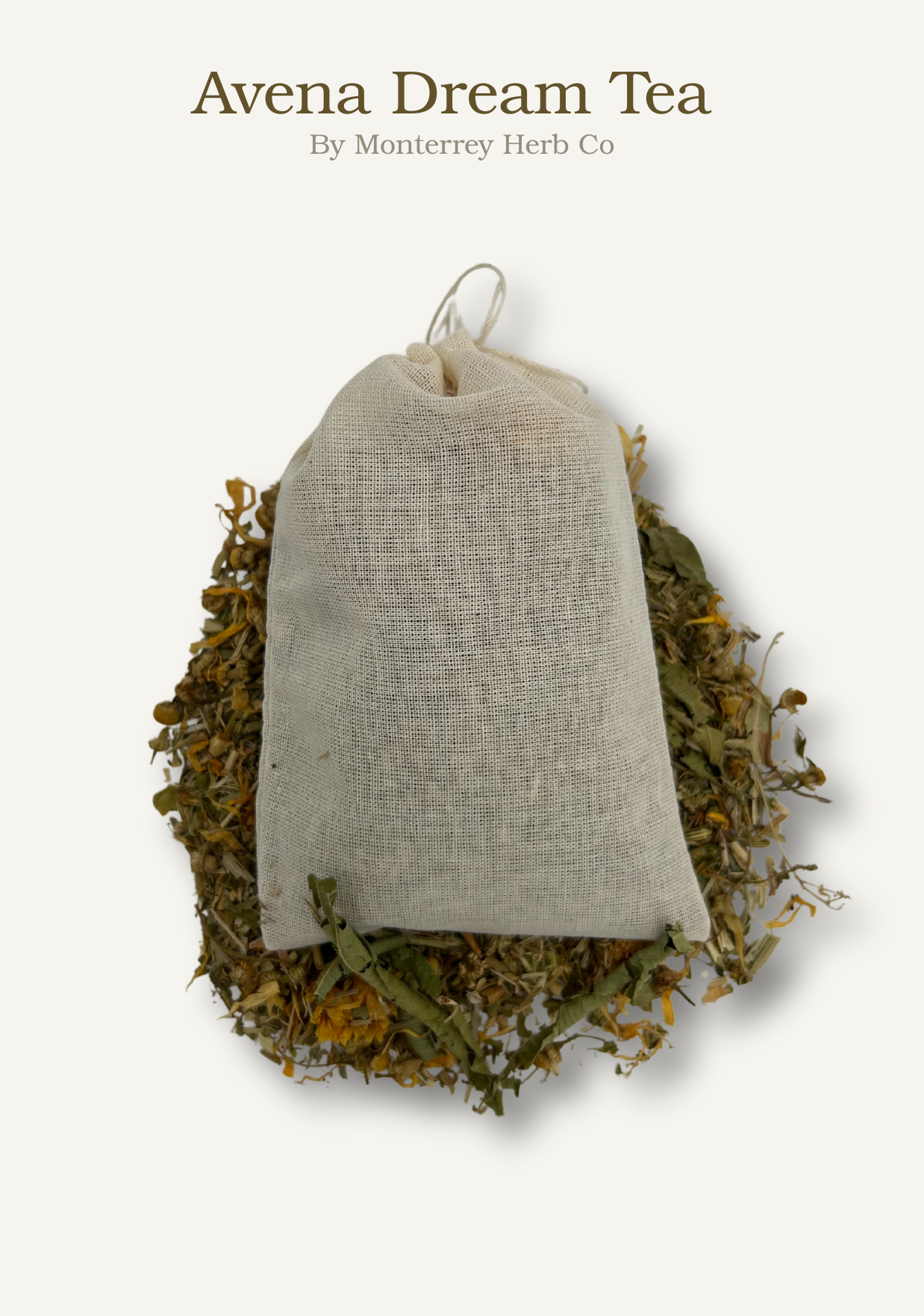 Avena Dream Tea bag from Monterrey Herb Co on a white background