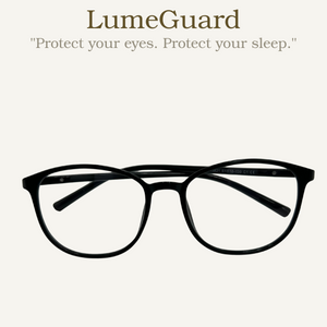 Black eyeglasses with LumeGuard branding on a white background