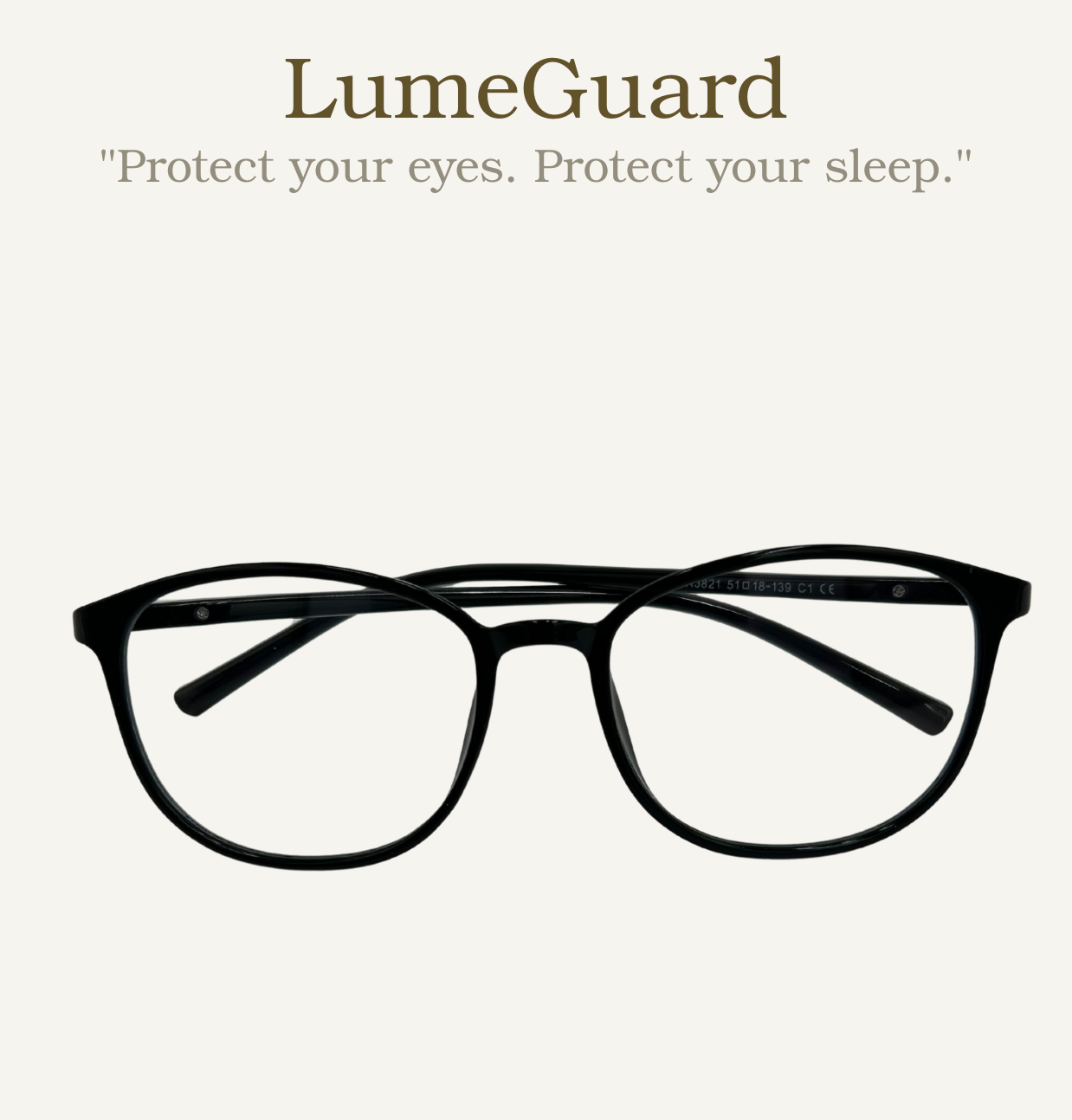 Black eyeglasses with LumeGuard branding on a white background
